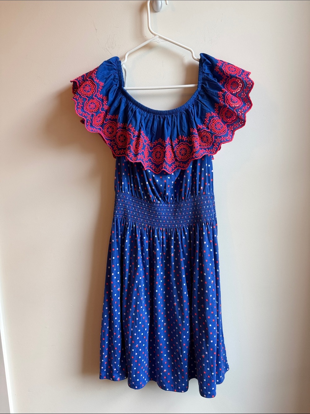 Lilly Pulitzer Women’s Blue Off-Shoulder Dress with Pink Embroidery